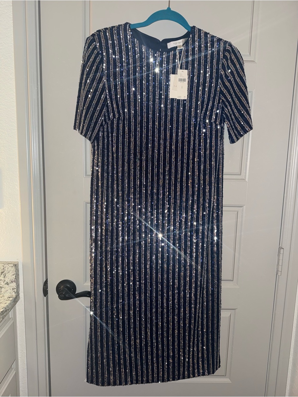 NWT ($148) Anthropologie Navy and Silver Sequin Stripe Midi Dress